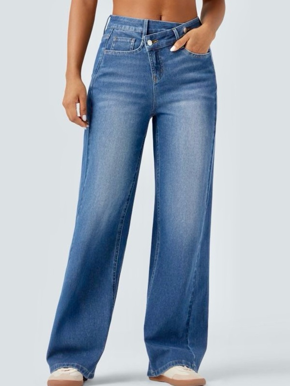 NWT Halara Flex High Waisted Crossover Wide Leg Jeans Blue Denim Medium Regular